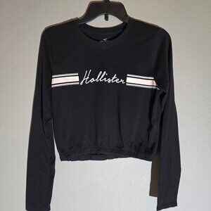 Hollister Black Long Sleeve Embroidered Logo Cropped Elastic Waist Top, Size XS